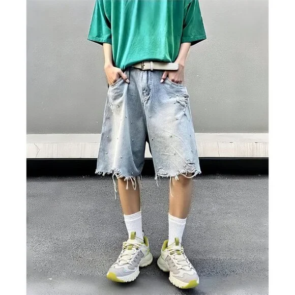 Unisex Denim Jorts Baggy Ripped Rhinestone Mid-Low Bermuda Streetwear - Picture 2 of 6
